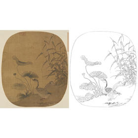 宋画花鸟小品白描底稿-佚名-《荷塘双鹅图》-多种白描尺寸可选 -GH55