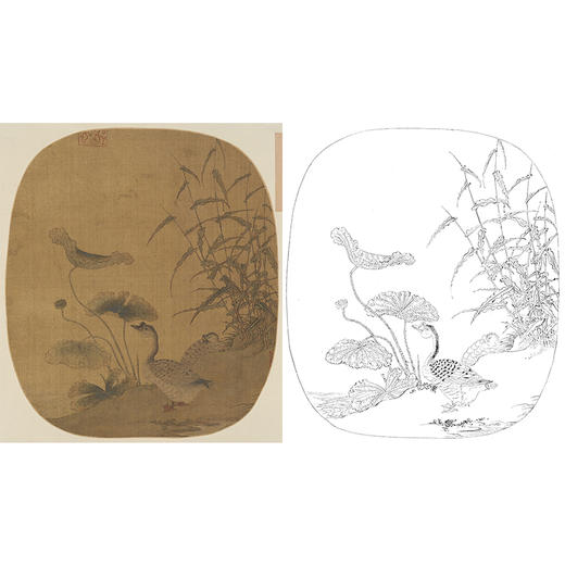 宋画花鸟小品白描底稿-佚名-《荷塘双鹅图》-多种白描尺寸可选 -GH55 商品图0