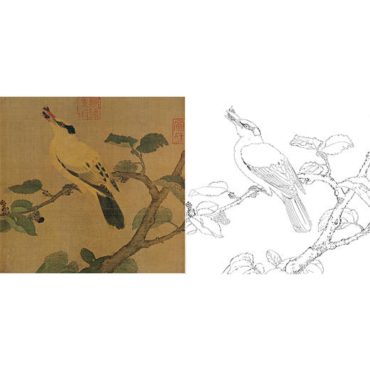 宋画花鸟白描底稿-佚名《桑果山鸟图》斗方小品册页-GH61 商品图0