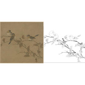 宋画花鸟白描底稿-佚名《霜柏山鸟图》-斗方小品册页-GH43