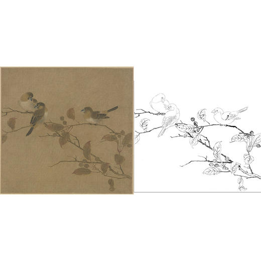宋画花鸟白描底稿-佚名《霜柏山鸟图》-斗方小品册页-GH43 商品图0