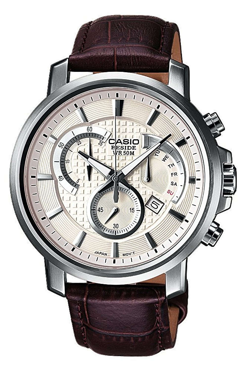 卡西欧(世界上著名的手表厂商) casio 卡西欧beside系列真皮三眼计时