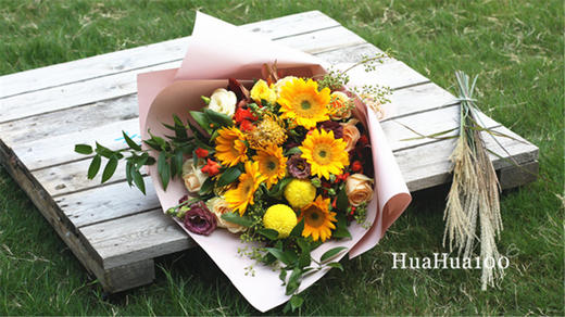 韶光丨向日葵针垫玫瑰混合花束 商品图1