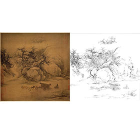 宋画山水人物白描底稿-斗方小品册页-朱锐《溪山行旅图》-多种白描尺寸可选-GS51