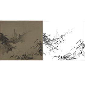 宋画山水人物白描底稿-斗方小品册页-夏圭《云峰远眺图》-多种白描尺寸可选-GS34