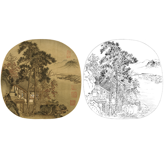 宋画山水小品白描底稿-刘松年-秋窗读书图-gs05