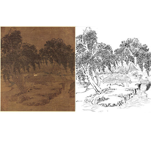 宋画山水白描底稿-斗方小品册页-佚名《柳阴云碓图》-多种白描尺寸可选-GS41 商品图0