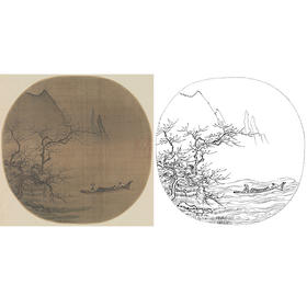宋画山水人物小品白描底稿-马远 《梅溪放艇图》-多种白描尺寸可选-GS18