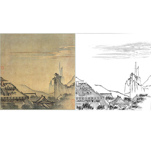 宋画山水白描底稿-斗方小品册页-马远（传）《雕台望云图》-多种白描尺寸可选-GS16 商品图0