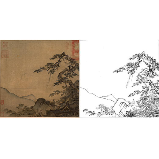 宋画山水白描底稿-斗方小品册页-马麟 《长松山水图》-多种白描尺寸可选-GS15 商品图0