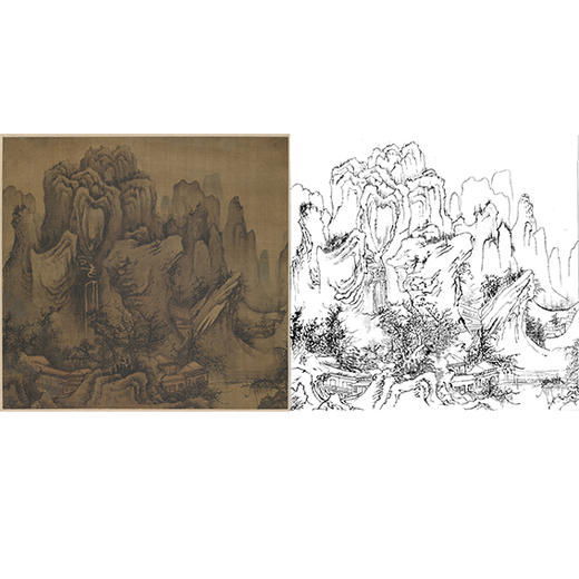 宋画山水白描底稿-斗方小品册页-杨士贤-《寒山飞瀑》-多种白描尺寸可选-GS22 商品图0