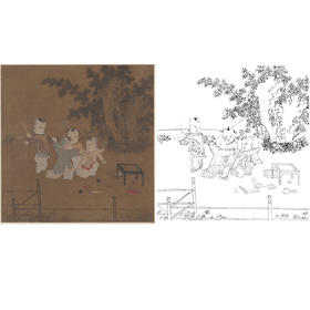 宋画人物小品白描底稿-佚名《小庭戏婴图》-斗方小品册页-多种白描尺寸可选-GD27