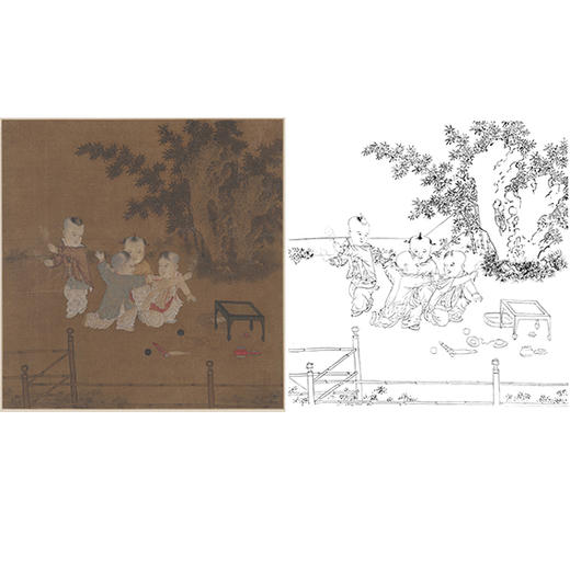 宋画人物小品白描底稿-佚名《小庭戏婴图》-斗方小品册页-多种白描尺寸可选-GD27 商品图0