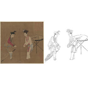 宋画人物小品白描底稿-佚名《杂剧（打花鼓）图页》-斗方小品册页-GD03