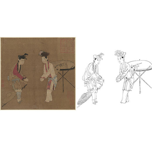 宋画人物小品白描底稿-佚名《杂剧（打花鼓）图页》-斗方小品册页-GD03 商品图0