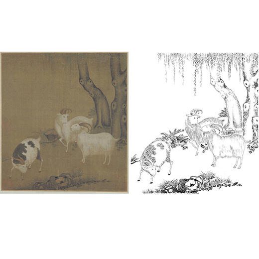 宋画动物小品白描底稿-佚名-《三羊图》-斗方小品册页-多种白描尺寸可选-GR08 商品图0
