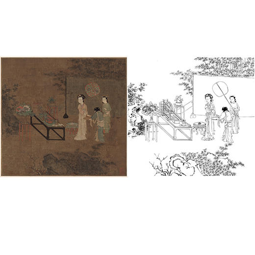 宋画人物小品白描底稿-佚名《盥手观花图》-斗方小品册页-多种白描尺寸可选-GD12 商品图0