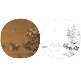 宋画动物小品白描底稿-佚名-《秋葵犬蝶图》-多种白描尺寸可选-GR02