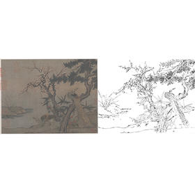 宋画动物小品白描底稿-佚名-《红梅孔雀图》-斗方小品册页-多种白描尺寸可选-GR07