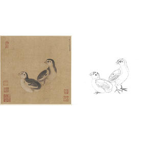 宋画动物小品白描底稿-李迪-《鸡雏待饲图》-斗方小品册页-多种白描尺寸可选-GR06