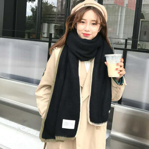 【围巾女】*针织毛线围巾 纯色贴标拼色围脖加厚保暖围巾情侣百搭女 商品图1