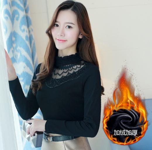 【女士上衣】秋冬新款大码女装百搭半高领长袖加绒加厚保暖打底衫蕾丝上衣 商品图1