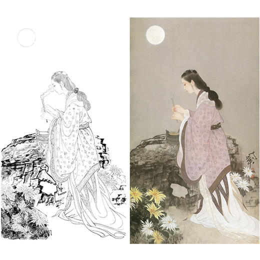 何家英竖幅工笔传统仕女人物白描底稿-四大美女之《貂蝉拜月》ZV29 商品图0