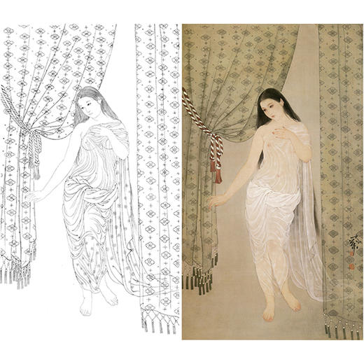 何家英竖幅工笔传统仕女人物白描底稿-四大美女之《贵妃出浴》-多种白描尺寸可选-ZV28 商品图0