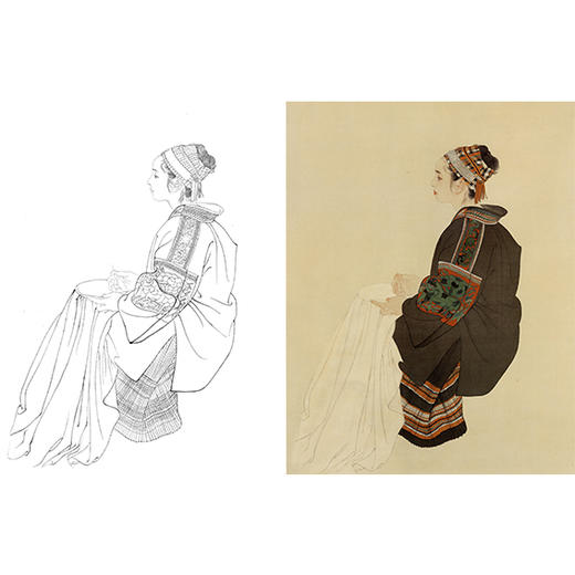 何家英工笔现代人物白描底稿《绣女》斗方小品册页-ZV26 商品图0
