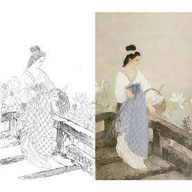 何家英竖幅工笔传统仕女人物白描底稿-四大美女之《西施浣纱》-多种白描尺寸可选-ZV30