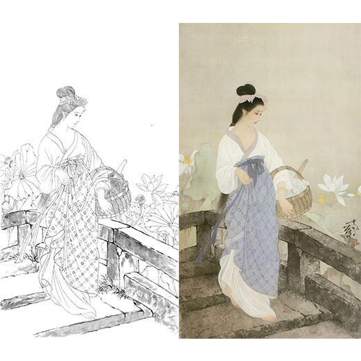 何家英竖幅工笔传统仕女人物白描底稿-四大美女之《西施浣纱》-多种白描尺寸可选-ZV30 商品图0