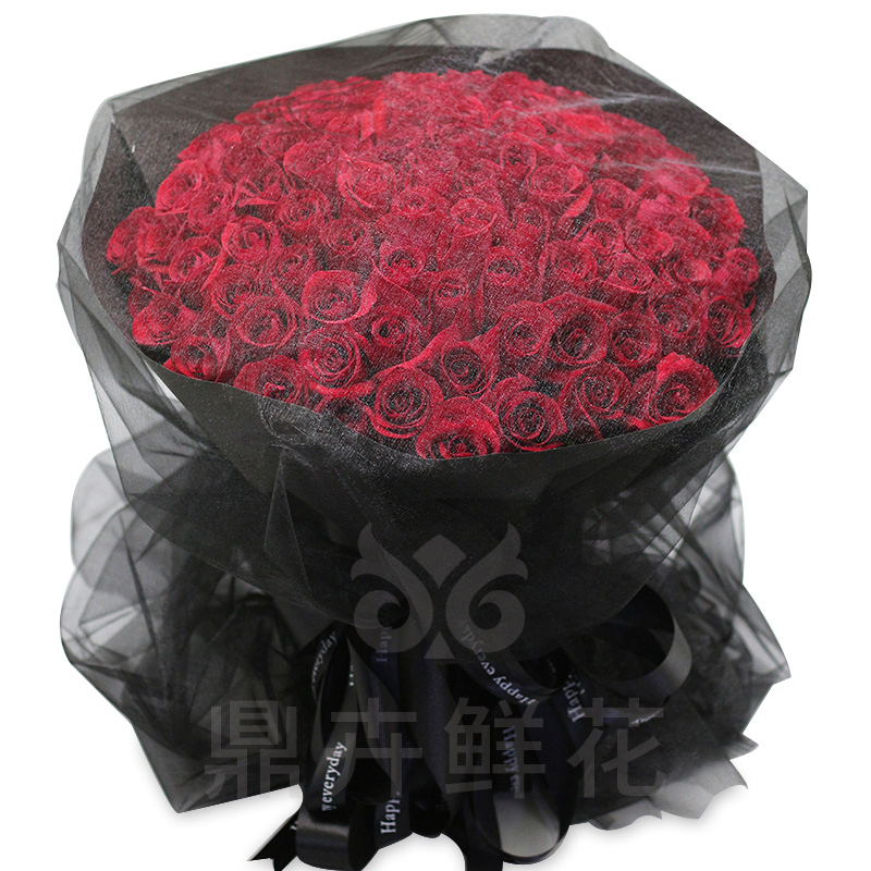 【时尚】99朵红玫瑰黑纱包装