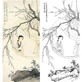 陈少梅竖幅工笔传统人物白描底稿-倚窗仕女-多种白描尺寸可选-CR02