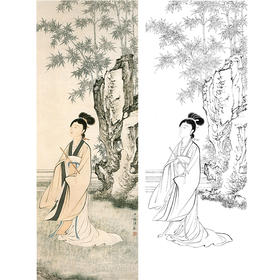 陈少梅竖幅工笔传统仕女人物白描底稿-竹石仕女图-多种白描尺寸可选-CR07