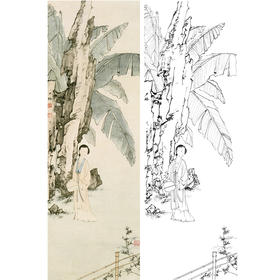 陈少梅竖幅工笔传统人物白描底稿-蕉石仕女-多种白描尺寸可选-CR13