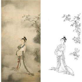 陈少梅竖幅工笔传统仕女人物-嫦娥白描底稿《玉兔嫦娥》-多种白描尺寸可选-CR06