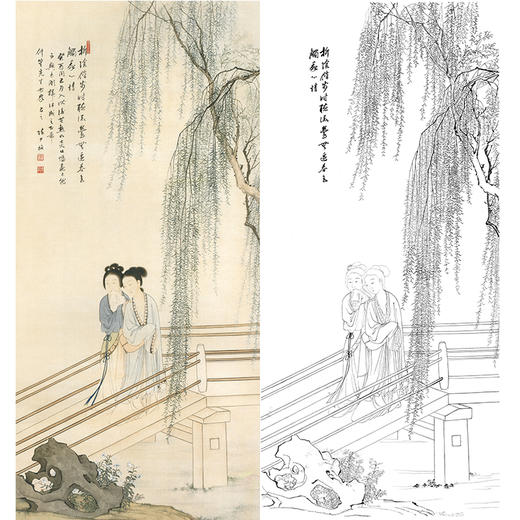 陈少梅竖幅工笔传统仕女人物白描底稿《柳荫偕步》-多种白描尺寸可选-CR01 商品图0