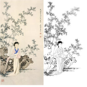 陈少梅竖幅工笔传统仕女人物白描底稿-《翠竹轻摇》-多种白描尺寸可选-CR03