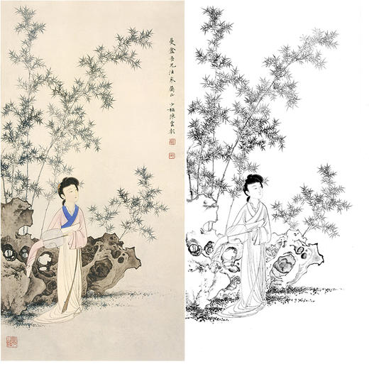 陈少梅竖幅工笔传统仕女人物白描底稿-《翠竹轻摇》-多种白描尺寸可选-CR03 商品图0