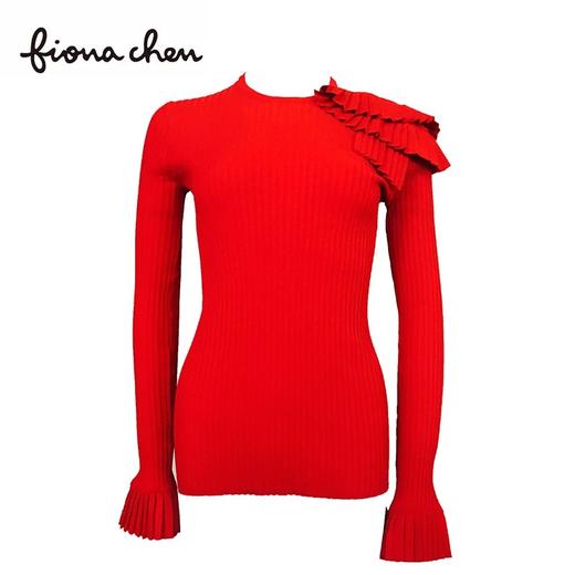 fionachen斐娜晨 2018春荷叶边百褶短袖露肩针织衫上衣女【待调整】 商品图1
