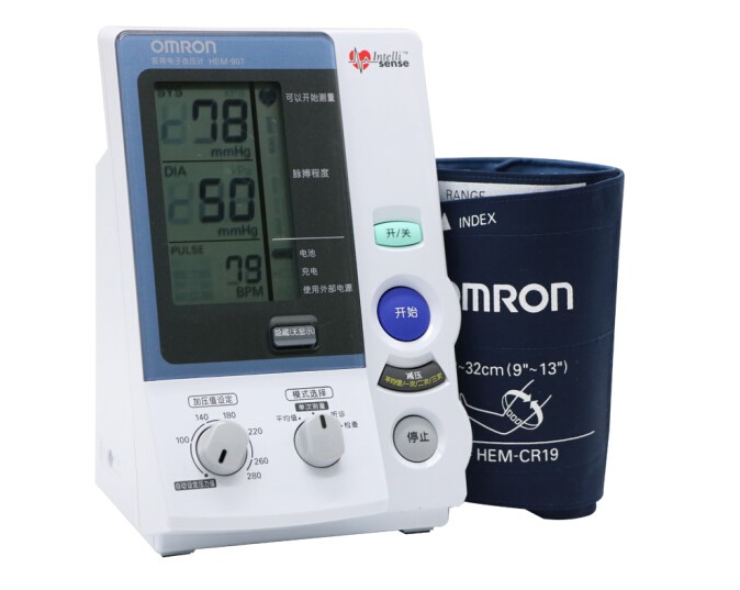 欧姆龙电子血压计HEM-907进口医用电子血压计上臂式血压仪送MC-685电子体温计加欧姆龙按摩礼盒