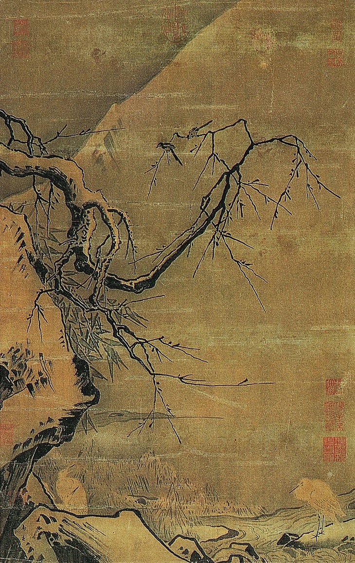 马远 雪滩双鹭図(挂轴)日本二玄社复制画