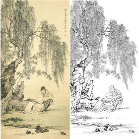 陈少梅竖幅工笔山水人物白描底稿-《柳荫觅句》-多种白描尺寸可选-CR25