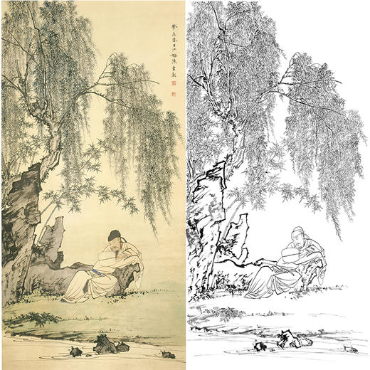 陈少梅竖幅工笔山水人物白描底稿-《柳荫觅句》-多种白描尺寸可选-CR25 商品图0