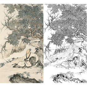 陈少梅竖幅工笔山水人物白描底稿-《高士临溪图》-多种白描尺寸可选-CR18