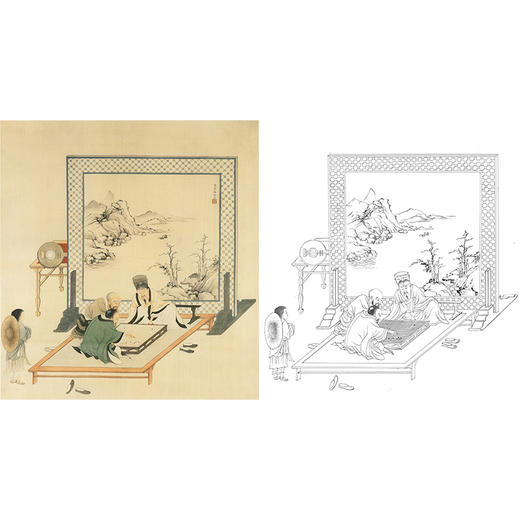 陈少梅工笔传统人物白描底稿-《对弈图》-斗方小品册页-CR16 商品图0