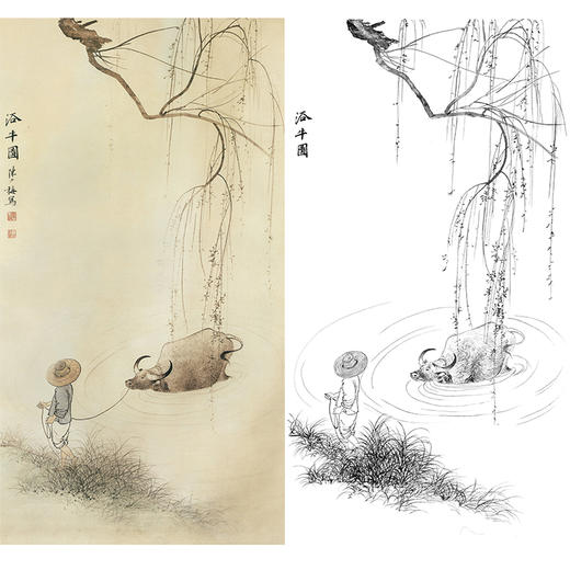 陈少梅竖幅工笔山水人物白描底稿-《浴牛图》-多种白描尺寸可选-CR30 商品图0