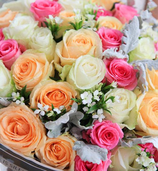 多彩的季节---玫瑰50枝（香槟玫瑰15枝，苏醒玫瑰18枝，白玫瑰17枝），搭配银叶菊6枝、相思梅6枝 墨绿色素染纸4张，英文玻璃纸2张，米白色/银灰色缎带各2米（1039） 商品图3