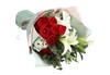 恋曲----红玫瑰9枝，白百合1枝，白色雏菊2枝，尤加利3枝 深浅绿人造双面纸，粉色opp雾面纸，白咖细罗纹带（1065） 商品缩略图1