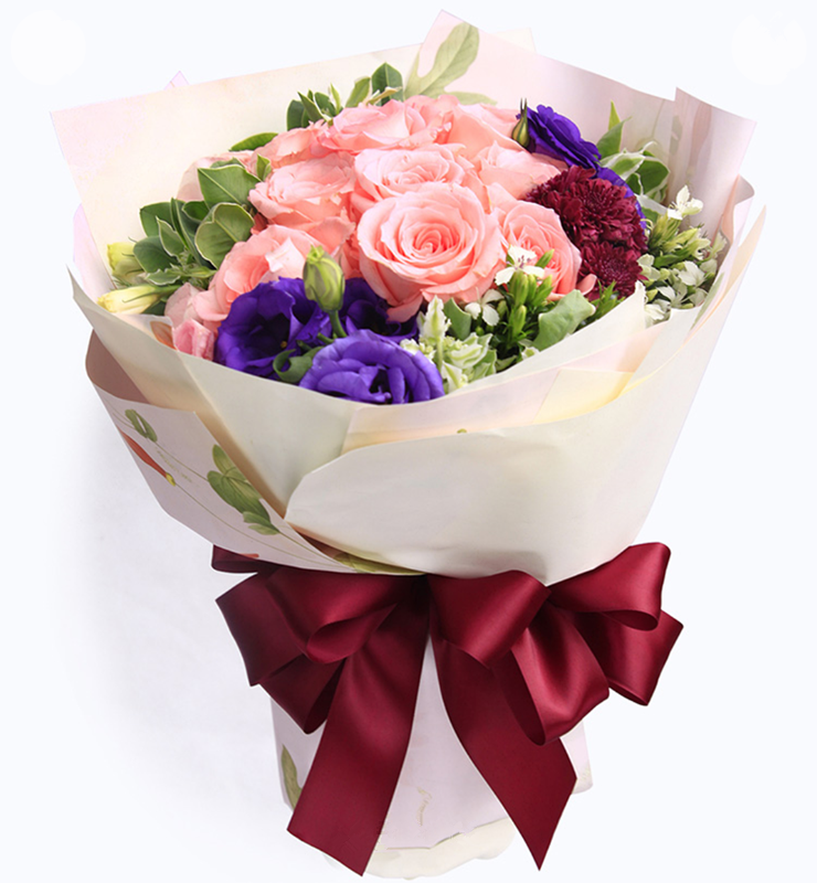 粉黛----粉玫瑰11枝，紫色洋桔梗、叶上花、相思梅适量至花束饱满 米白色平面纸，吊花压纹纸，酒红色缎带花结（1130）